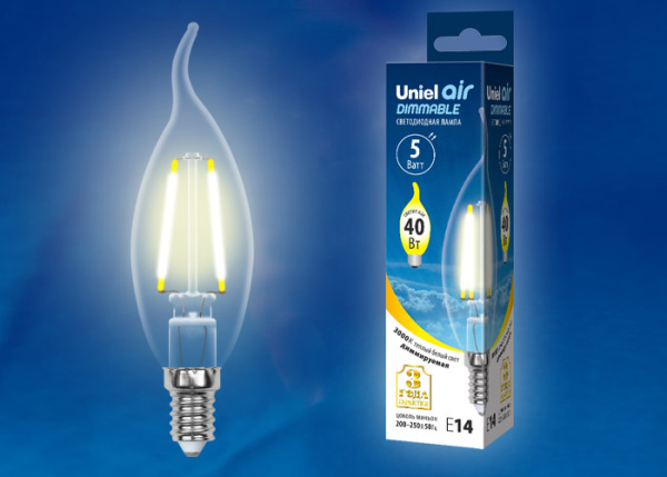 Лампа светодиодная диммируемая форма свеча на ветру UL-00002863 LED-CW35-5W/WW/E14/CL/DIM GLA01TR