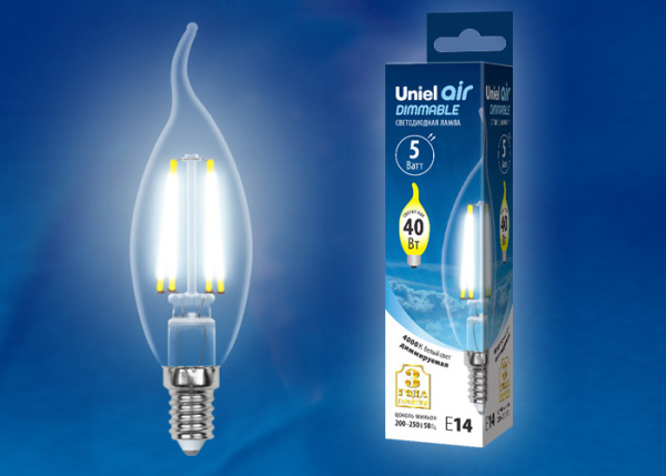 Лампа светодиодная диммируемая форма свеча на ветру UL-00002865 LED-CW35-5W/NW/E14/CL/DIM GLA01TR